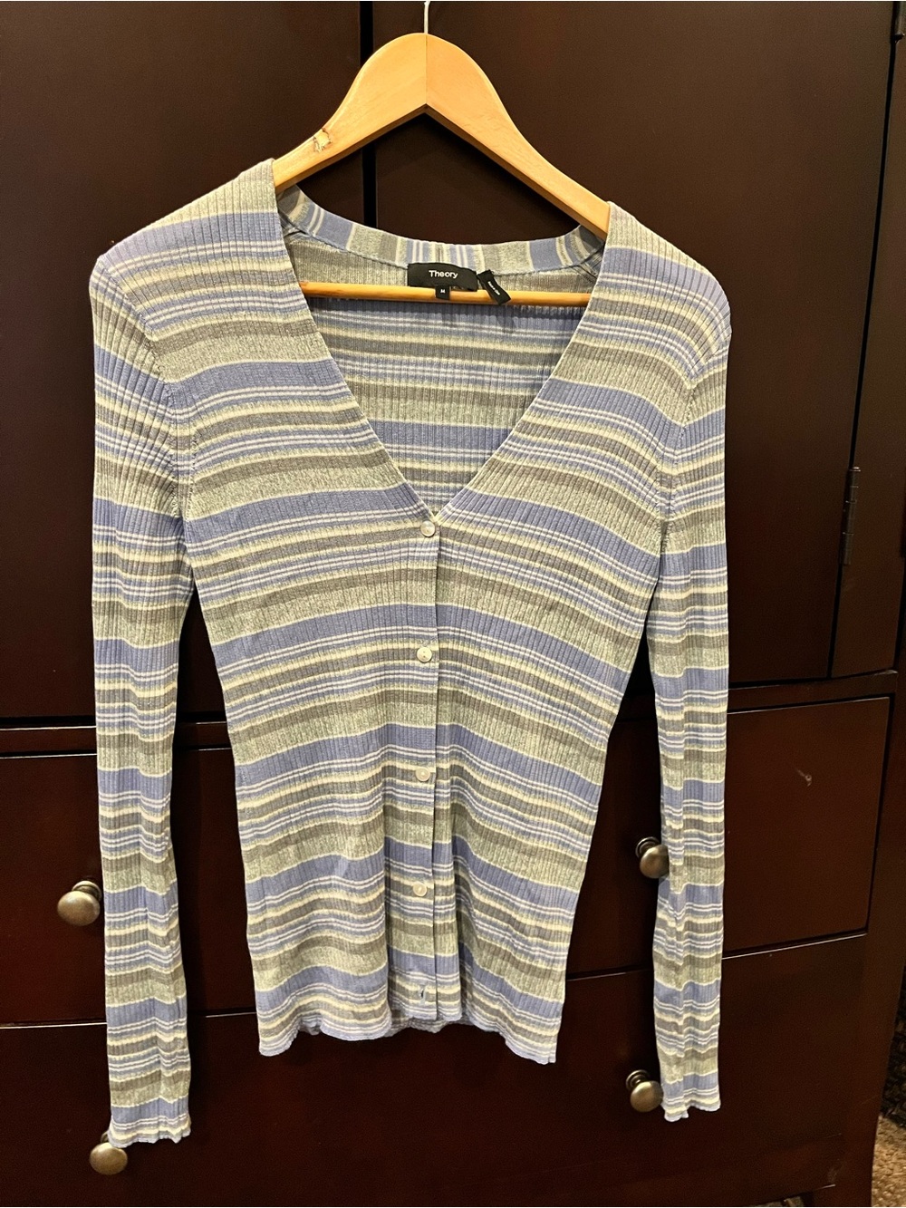 Theory Striped Ribbed V-Neck Cardigan - Blue & Cream